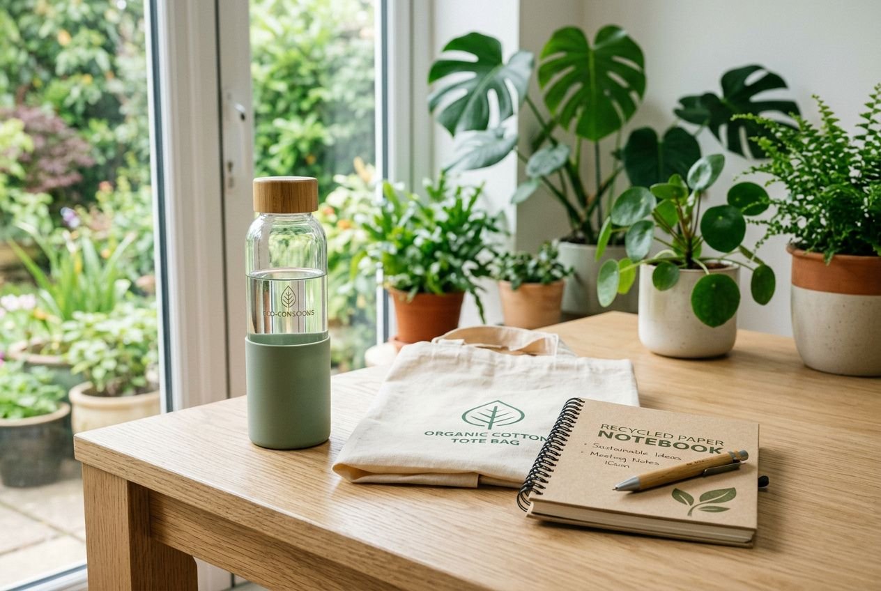 Bouteille d’eau réutilisable écologique sur une table en bois, avec carnet et tote bag écologiques, entourés de plantes d’intérieur. goodie éco-responsable entreprise.