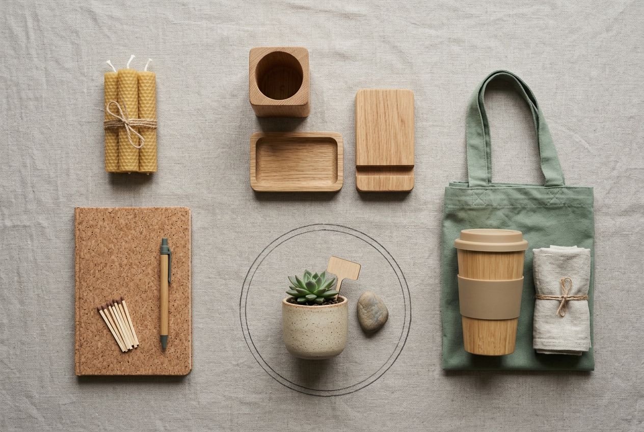 Cartes et objets cadeaux minimalistes en bois et matières naturelles, avec carnet, stylo, bougies, petit pot de plante et tote bag café prêt à offrir. idées cadeaux tendance pour 2026 intégrée.