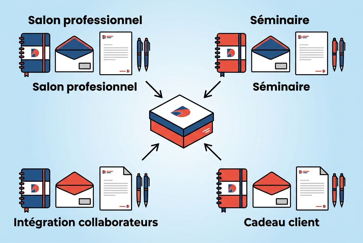 Centre de papeterie personnalisée entreprise : carnet, enveloppe et logo affichés, reliés à six thèmes professionnels (salon, séminaire, intégration, cadeau client).