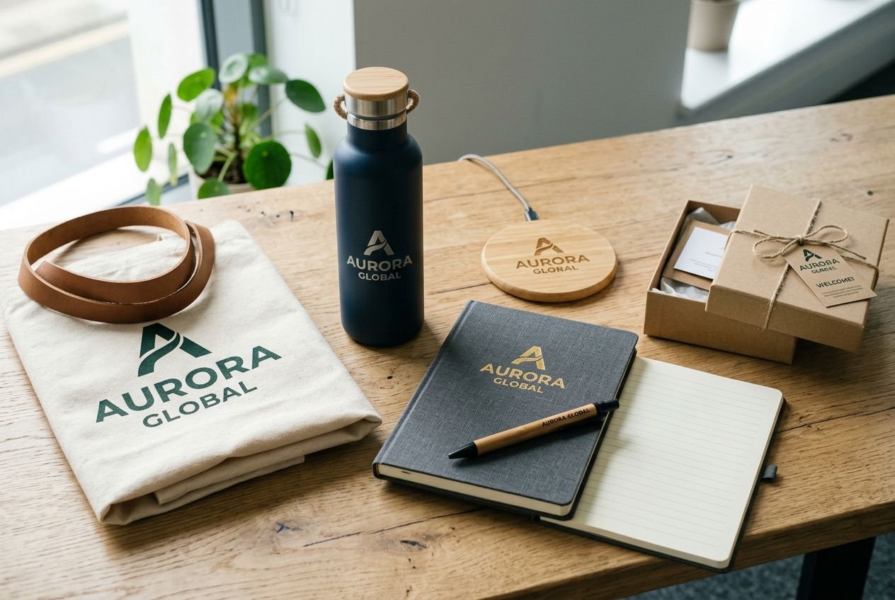 Coffret et accessoires d’atelier bureau avec goodies originaux pour entreprise Aurora Global: gourde noire, carnet noir, cahier, tote bag, emballage cadeau et stylo sur planche en bois.