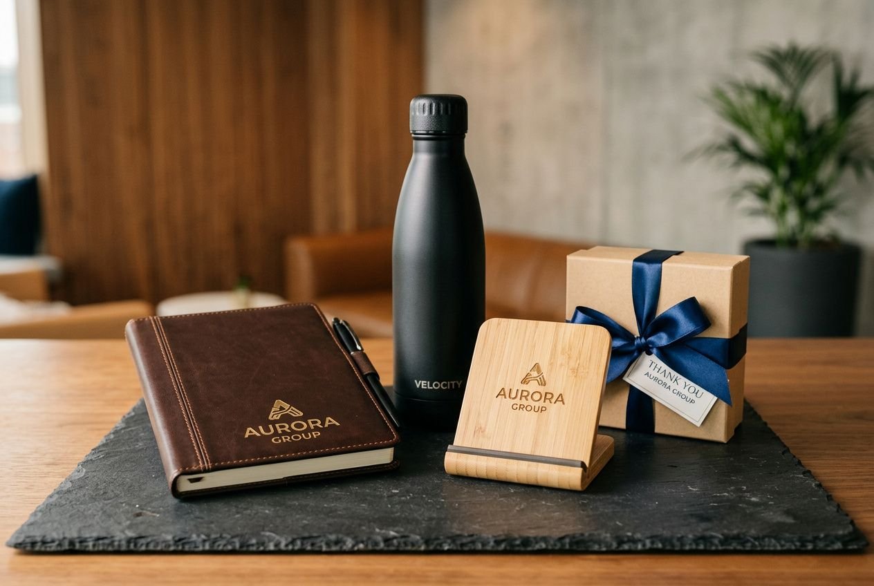 Coffrets et accessoires d’entreprise personnalisés : carnet, gourde et support en bois aux logos Aurora Group, présenté sur une plaque, cadeaux goodies originaux pour entreprise.