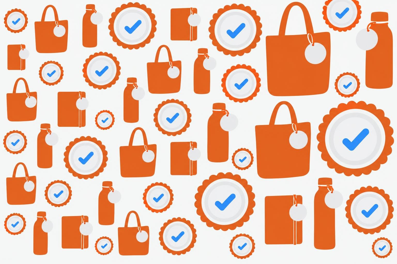 Collection d’articles promotionnels orange avec des sacs et bouteilles et des badge à coche bleue