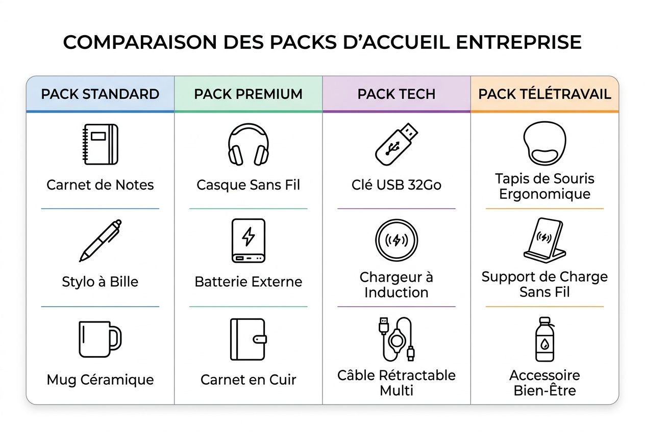 Comparaison des packs d’accueil entreprise avec 4 catégories : standard, premium, tech et télétravail, montrant les éléments inclus comme carnet de notes, stylo, mug, casque sans fil, batterie externe, carnet en cuir, clé USB 32 Go, chargeur, câble rétractable, tapis ergonomique et accessoires bien-être. Kit de bienvenue collaborateur.