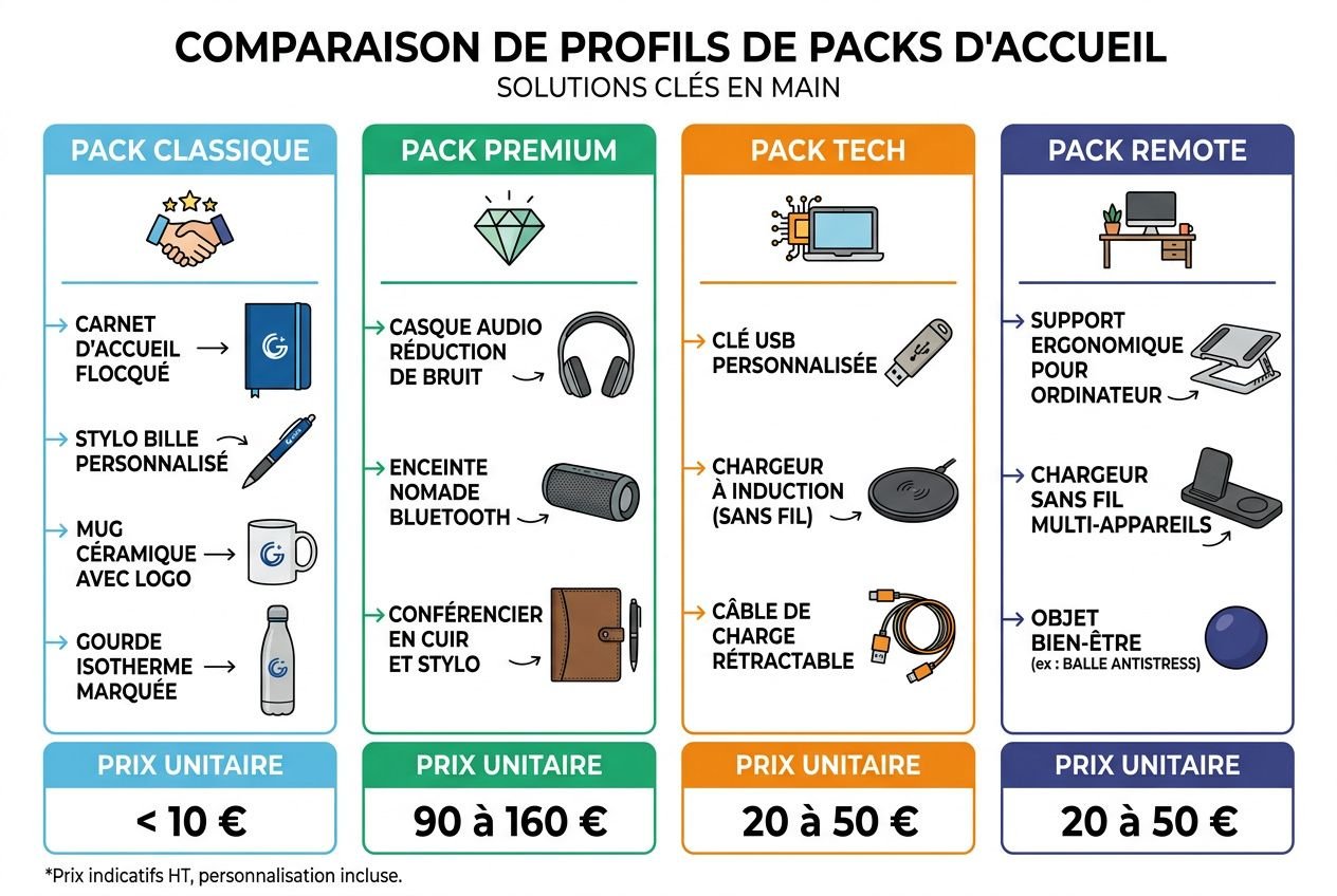 Comparaison des profils de packs d'accueil: 4 colonnes (Classique, Premium, Tech, Remote) avec icônes et items listés.