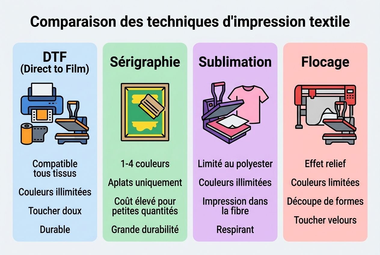 Comparaison des techniques d'impression textile: DTF (Direct to Film), Sérigraphie, Sublimation et Flocage.