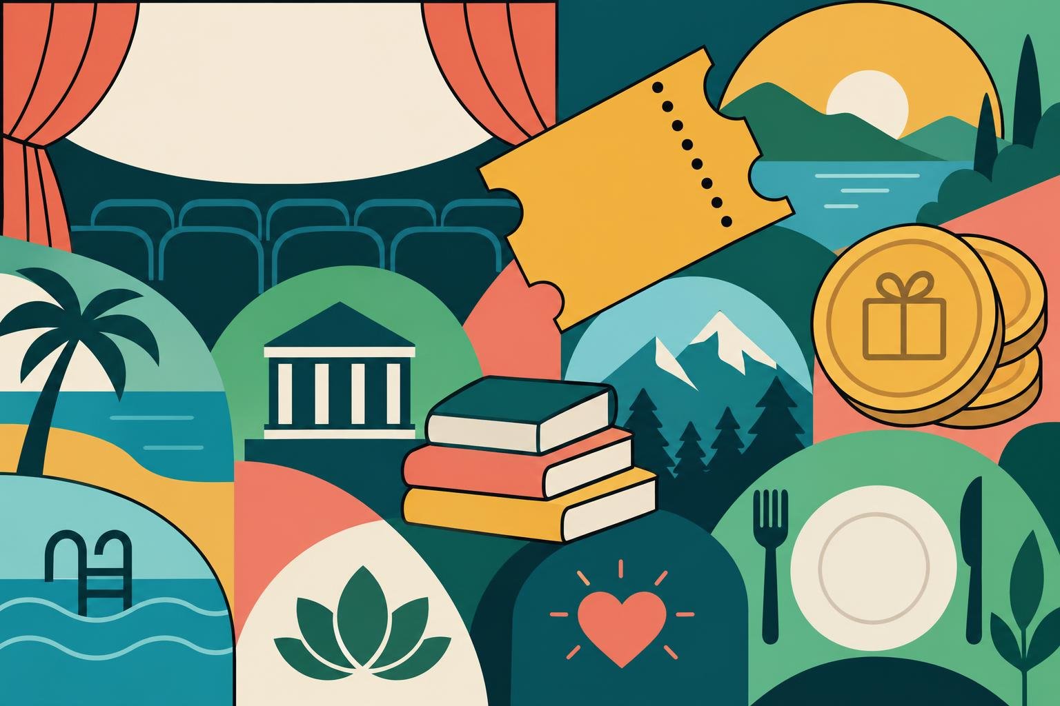 Descente d’ampleur visuelle représentant les avantages CSE pour les salariés, avec des éléments symbolisant culture, loisirs et chèques-cadeaux. avancement: “avantage cse pour les salariés” intégré de façon naturelle.
