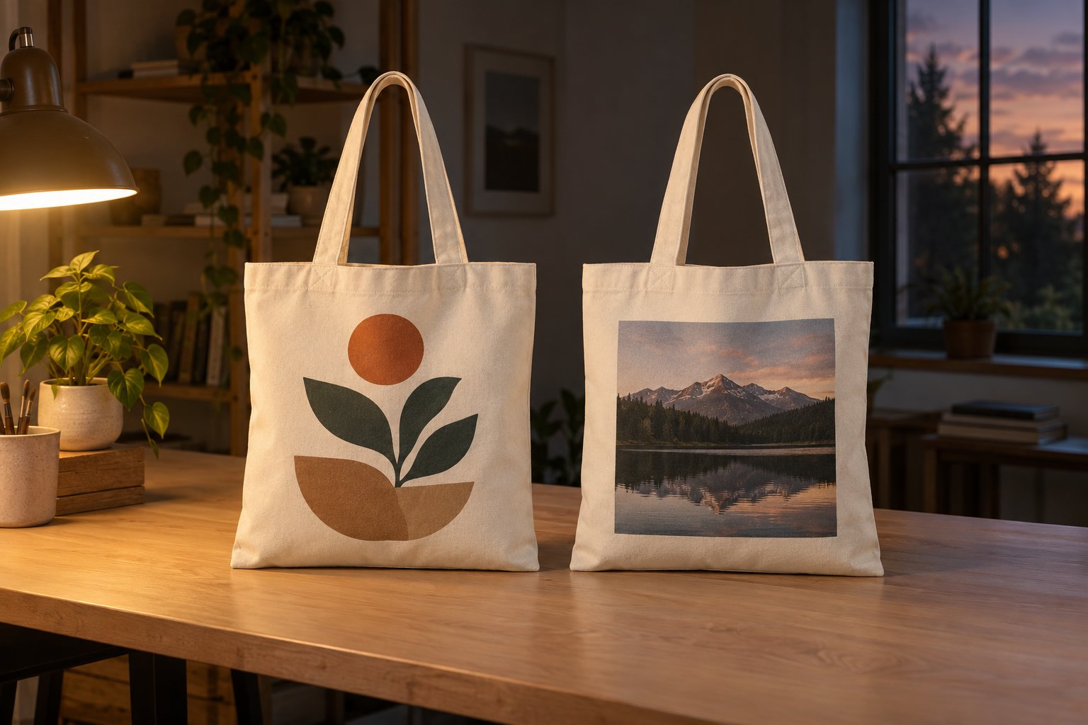 Deux tote bags en coton clair posés sur une table, chacun affichant une impression distincte: un motif abstrait avec des formes