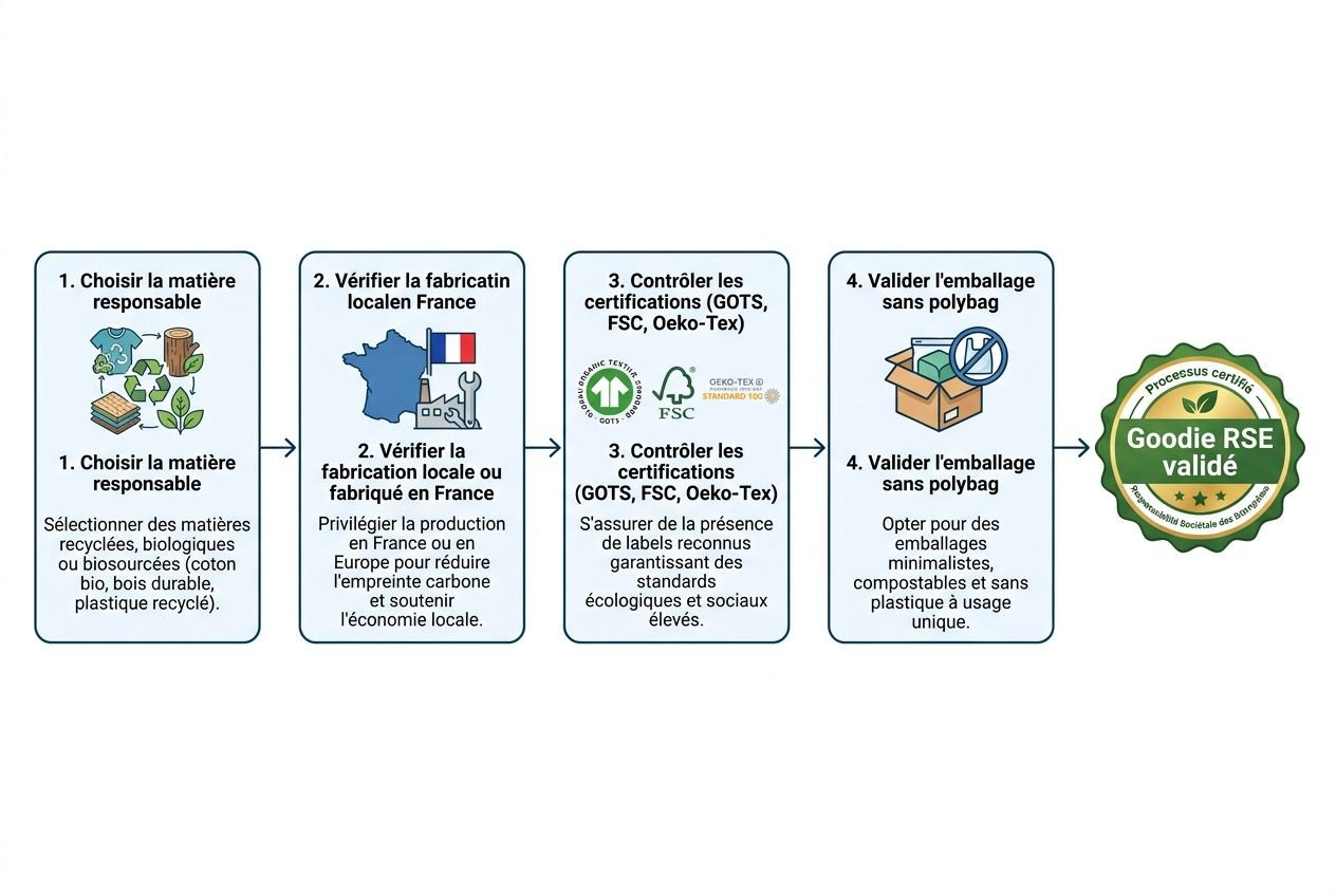 Diagramme de choix et vérifications pour des goodies transition écologique, incluant contrôles fabrication locale, certifications et emballage sans polygab, avec badge Goodie RSE validé.