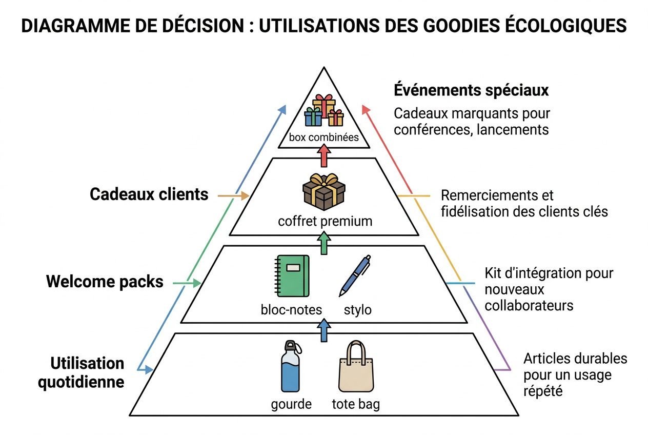 Diagramme de décision sur les goodies écologiques, illustrant les usages (quotidien, welcome packs, coffret premium, événements) et les objets: gourde, tote bag, bloc-notes, stylo. Goodies éco-responsable entreprise intégrés.