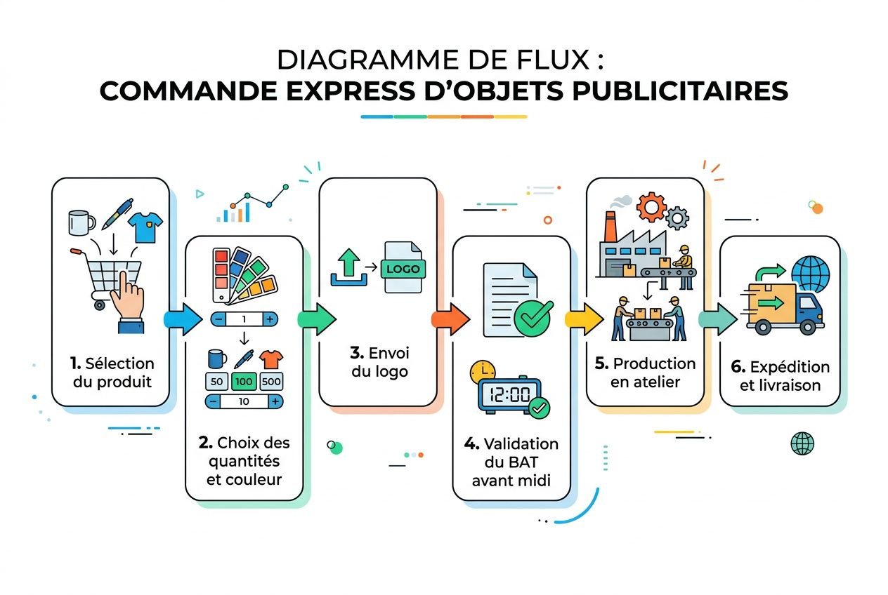 Diagramme de flux: commande express d’objets publicitaires avec choix produit, quantités, envoi du logo, validation, production et livraison rapide. Livraison rapide objets publicitaires et goodies en 24/48 heures.