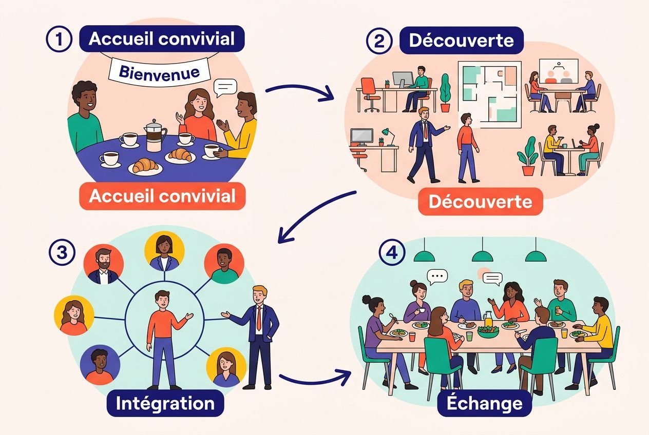 Diagramme illustrant les étapes d’accueil: 1) Accueil convivial, 2) Découverte, 3) Intégration, 4) Échange, avec des interactions d’équipe et bienvenue. Intègre le sujet « comment accueillir un nouveau salarié dans une entreprise ».