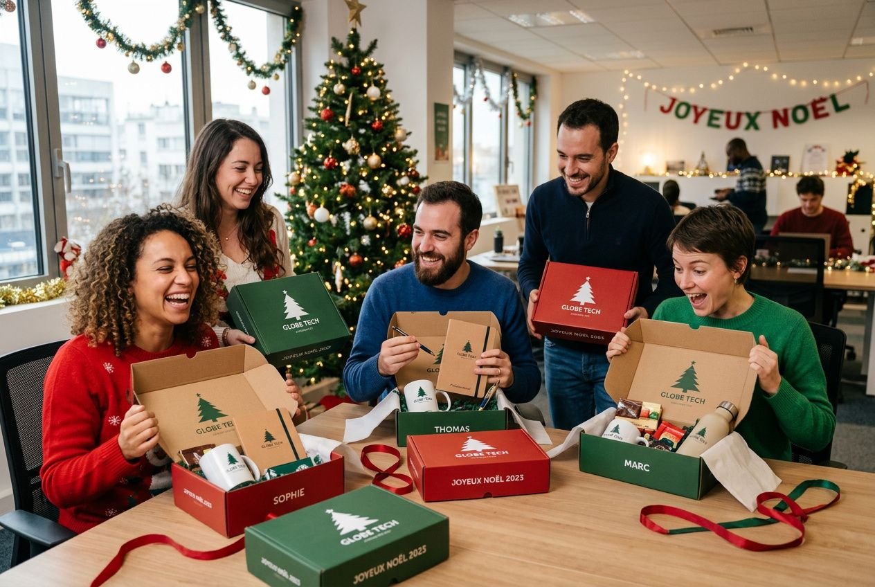 Équipe ouvrant des cadeaux de fin d'année