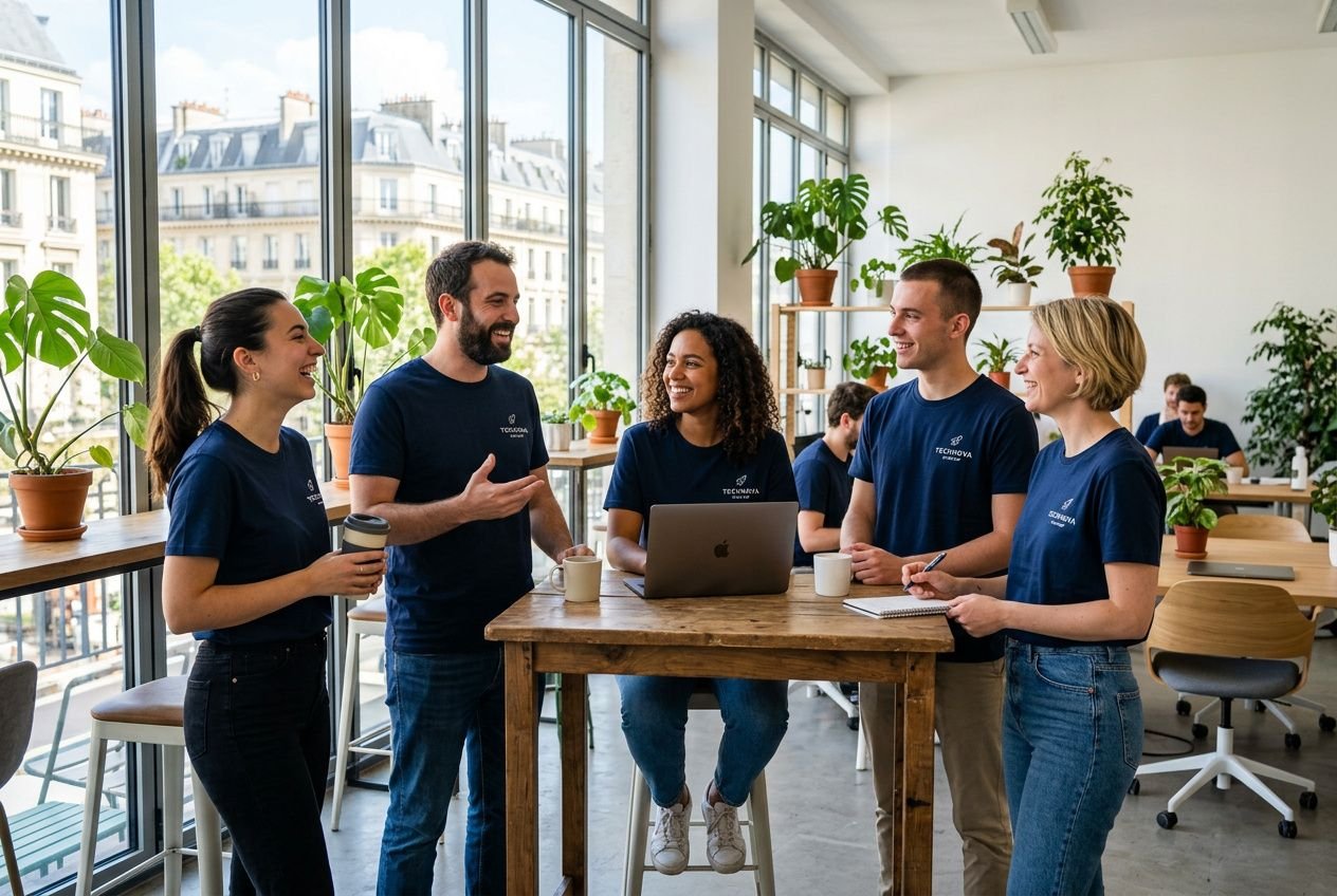 Équipe portant t-shirts d'entreprise personnalisés