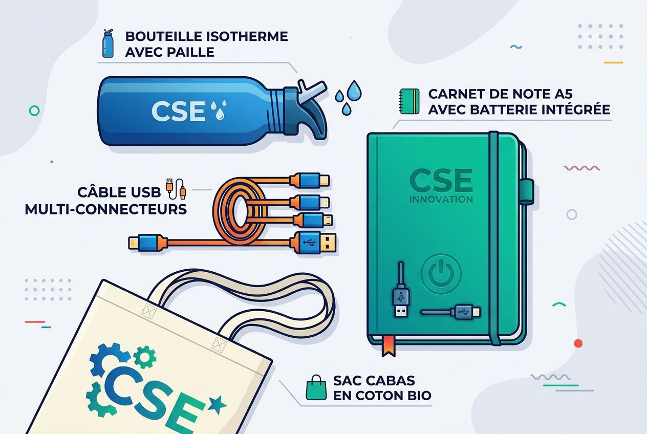 Glimpse des goodies CSE fonctionnement : carnet, câbles multi-connecteurs et gourde bleue « CSE ».