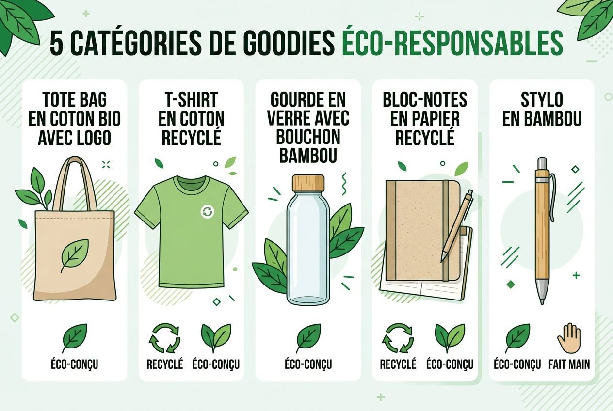 Glossaire des 5 catégories de goodies éco-responsables : tote bag bio, t-shirt coton recyclé, gourde en verre avec bouchon bambou, bloc-notes recyclé, stylo en bambou. Goodies éco-responsable entreprise.