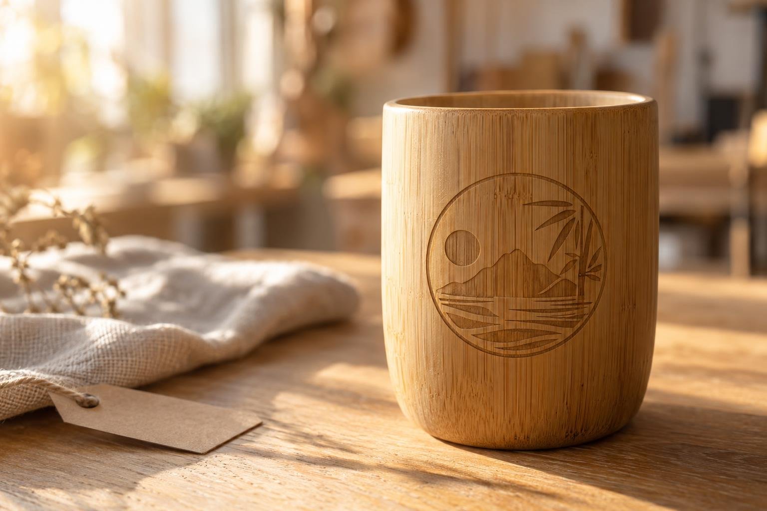 Gobelet en bois gravé avec un motif circulaire représentant des montagnes et un soleil.