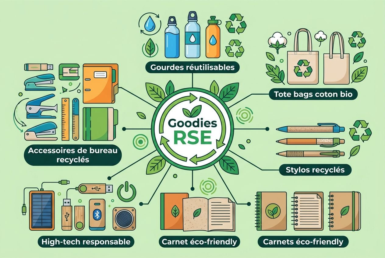 Goodies RSE illustrant une transition écologique: gourdes réutilisables, tote bags bio, stylos et carnets éco-friendly, accessoires de bureau recyclés et objets high-tech responsables.