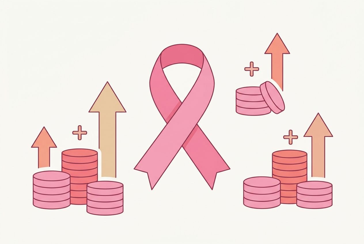 Grande ribbon rose au centre avec piles de pièces et flèches montant, symbole octobre rose boutique en ligne solidaires contre le cancer du sein