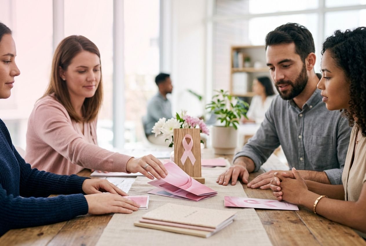 Groupe de collaborateurs autour d’une table, échangent des flyers roses pour la campagne sensibilisation octobre rose interne.