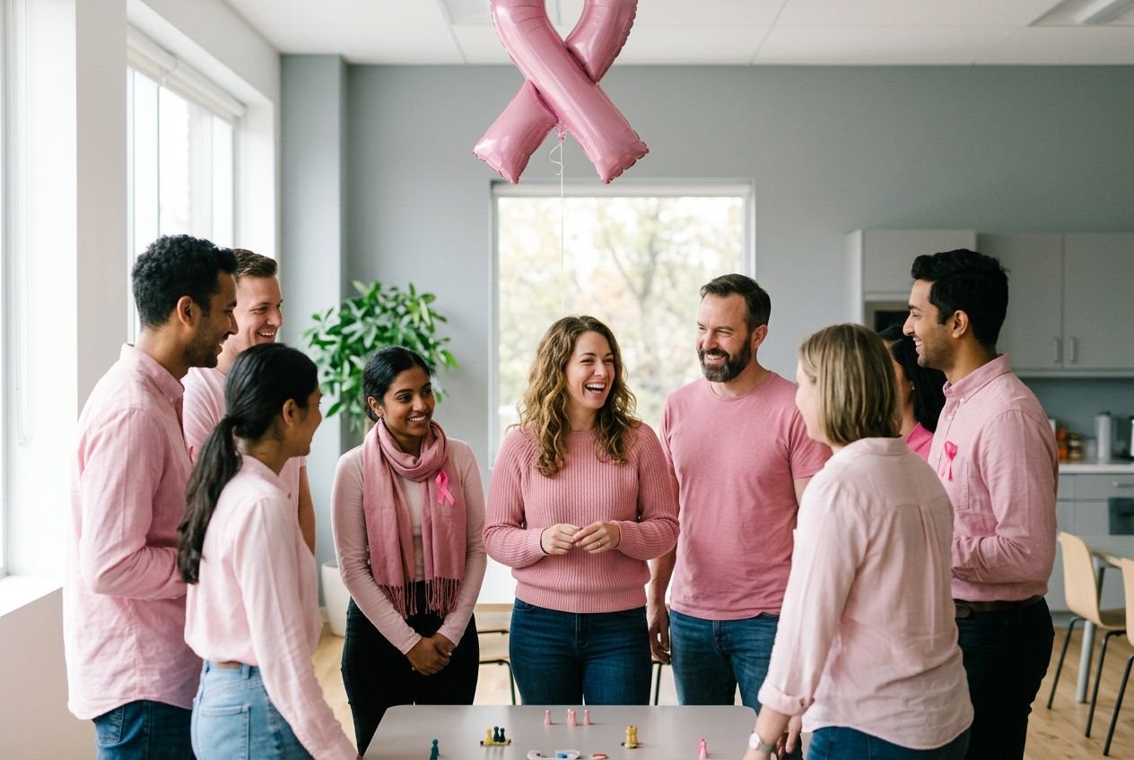 Groupe de collègues réunis dans un espace de travail, portant des tenues roses, riant et discutant autour d’un jeu de société, avec un ruban rose suspendu au plafond. Campagne sensibilisation octobre rose interne.