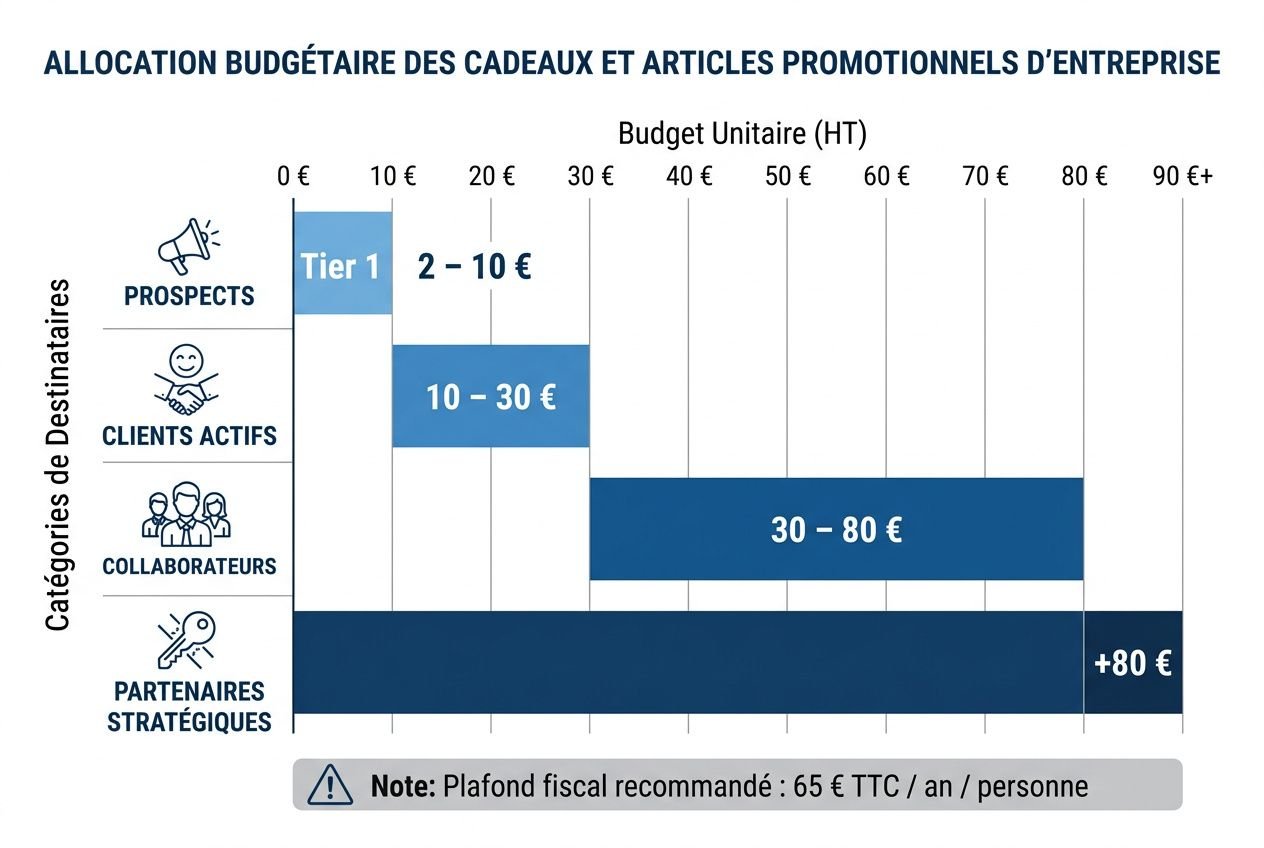 Guide pour choisir ses goodies d'entreprise personnalisés: illustration graphique des budgets par catégories (Prospects, Clients actifs, Collaborateurs, Partenaires stratégiques) et tranches 2–80 €+ ultime. comment choisir goodies entreprise intégré.