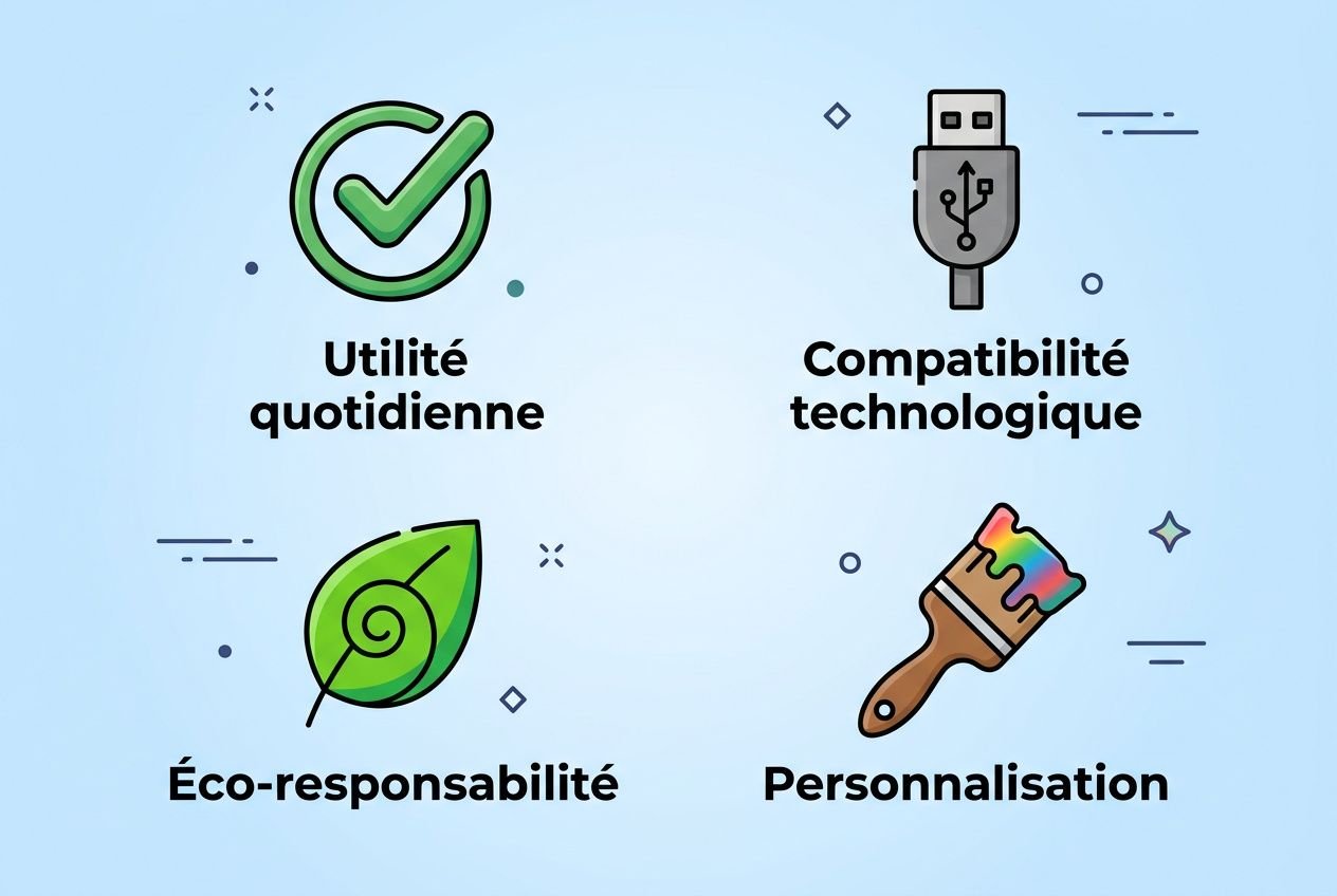 Guide pour choisir ses goodies d'entreprise personnalisés: sélection d'éléments utile quotidien, compatibilité technologique, éco-responsabilité et personnalisation.
