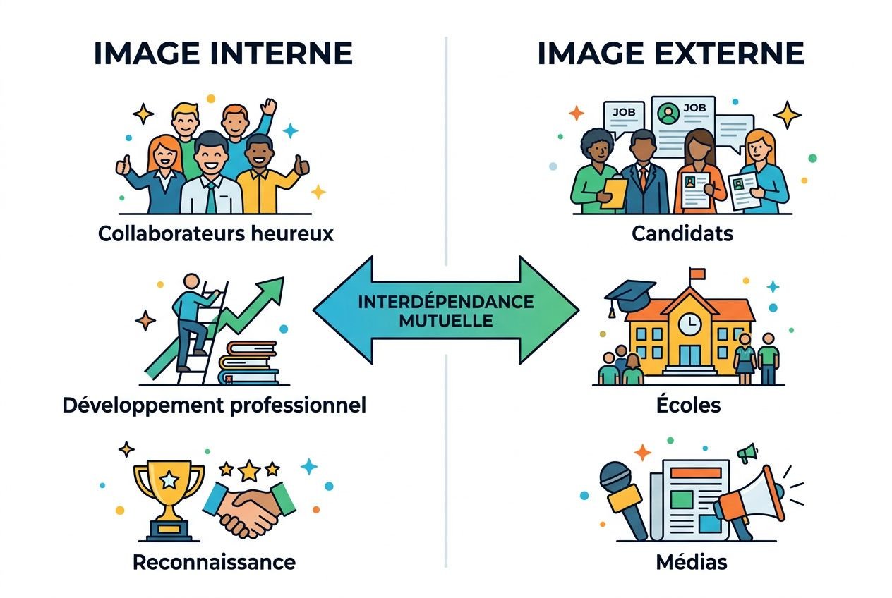 Illustration interne/externe sur la marque employeur: équipes heureuses et développement professionnel côté interne, candidats, écoles et médias côté externe, avec une flèche "interdépendance mutuelle".