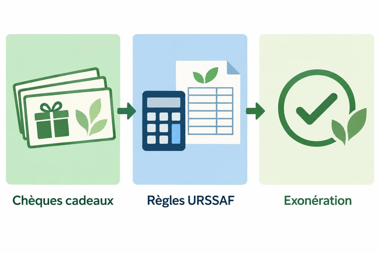 Illustration montrant des chèques cadeaux, des documents et calculatrice pour les avantages CSE, règles URSSAF et exonération, lié à l’avantage cse pour les salariés.
