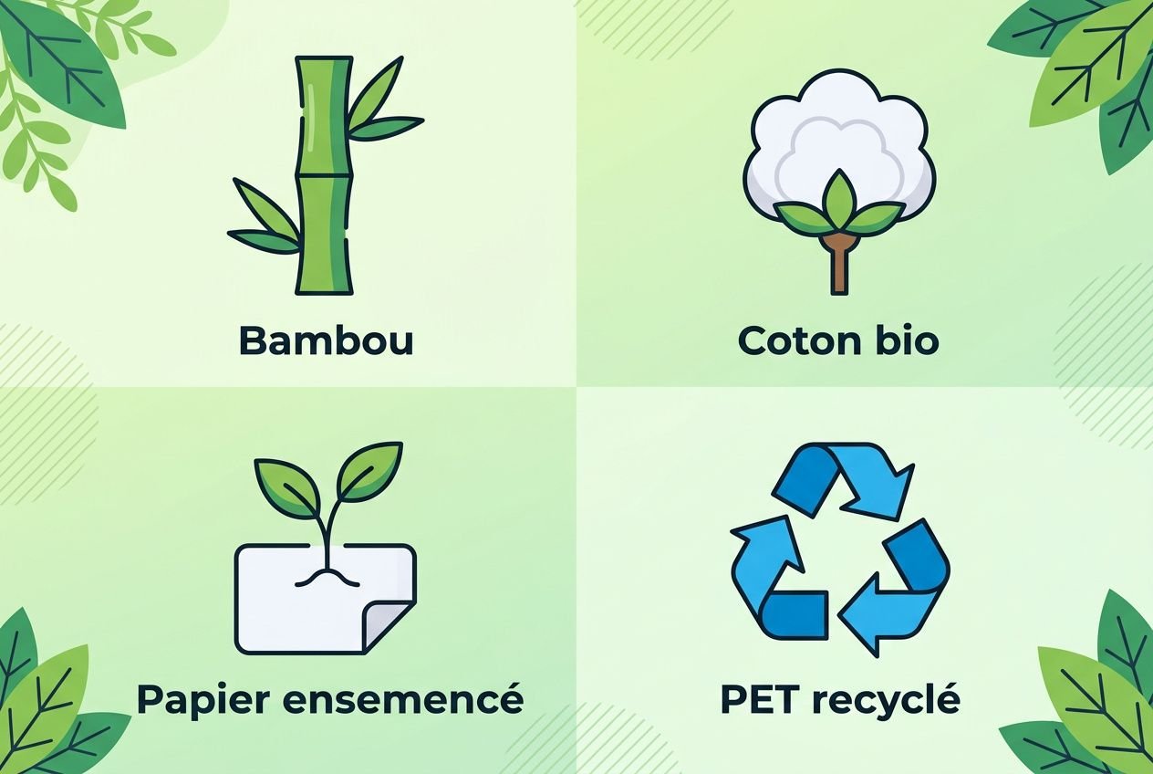 Illustration montrant des matériaux écoresponsables: bambou, coton bio, papier ensemencé et PET recyclé. Goodies originaux pour entreprise.
