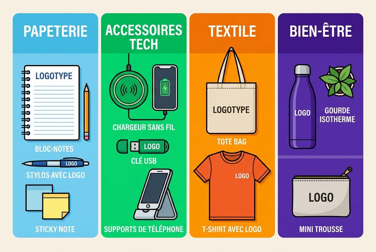 Illustration montrant quatre catégories de goodies pour un salon professionnel: Papeterie, Accessoires tech, Textile et Bien-être, avec exemples comme bloc-notes, stylo, chargeur sans fil, USB, tote bag, T-shirt, gourde isotherme et mini trousse.