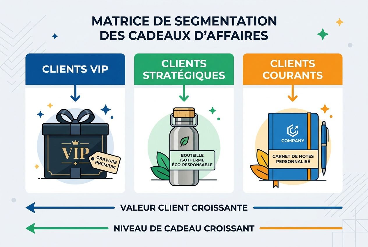 Illustration de segmentation des cadeaux d’affaires: trois catégories, Clients VIP (coffret cadeau VIP), Clients stratégiques (bouteille isotherme), Clients courants (carnet de notes personnalisé), avec flèches indiquant la valeur croissante et le niveau de cadeau croissant. Goodies fin d'année entreprise intégré.