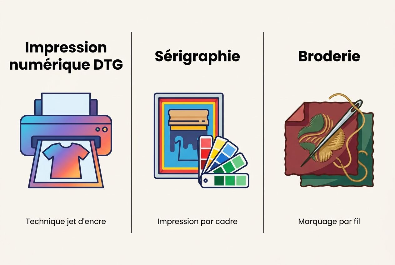 Impression numérique DTG et options: sérigraphie et broderie pour t-shirt bio personnalisé sur coton éco-responsable.