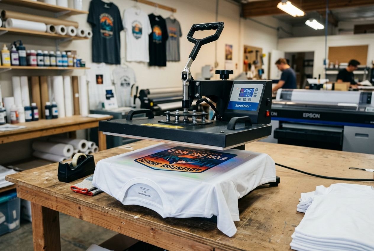 Impression par sublimation sur t-shirt : platine de chaleur et presse à chaud sur un vêtement blanc, atelier d'impression avec gâchette et matériel. Sublimation textile tuto intégré naturellement.
