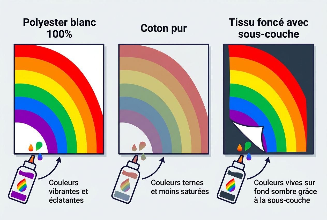 Impression sublimation textile tuto: démonstration sur trois échantillons—polyester blanc, coton pur et tissu foncé avec sous-couche, montrant démarrage et résultats de couleurs.