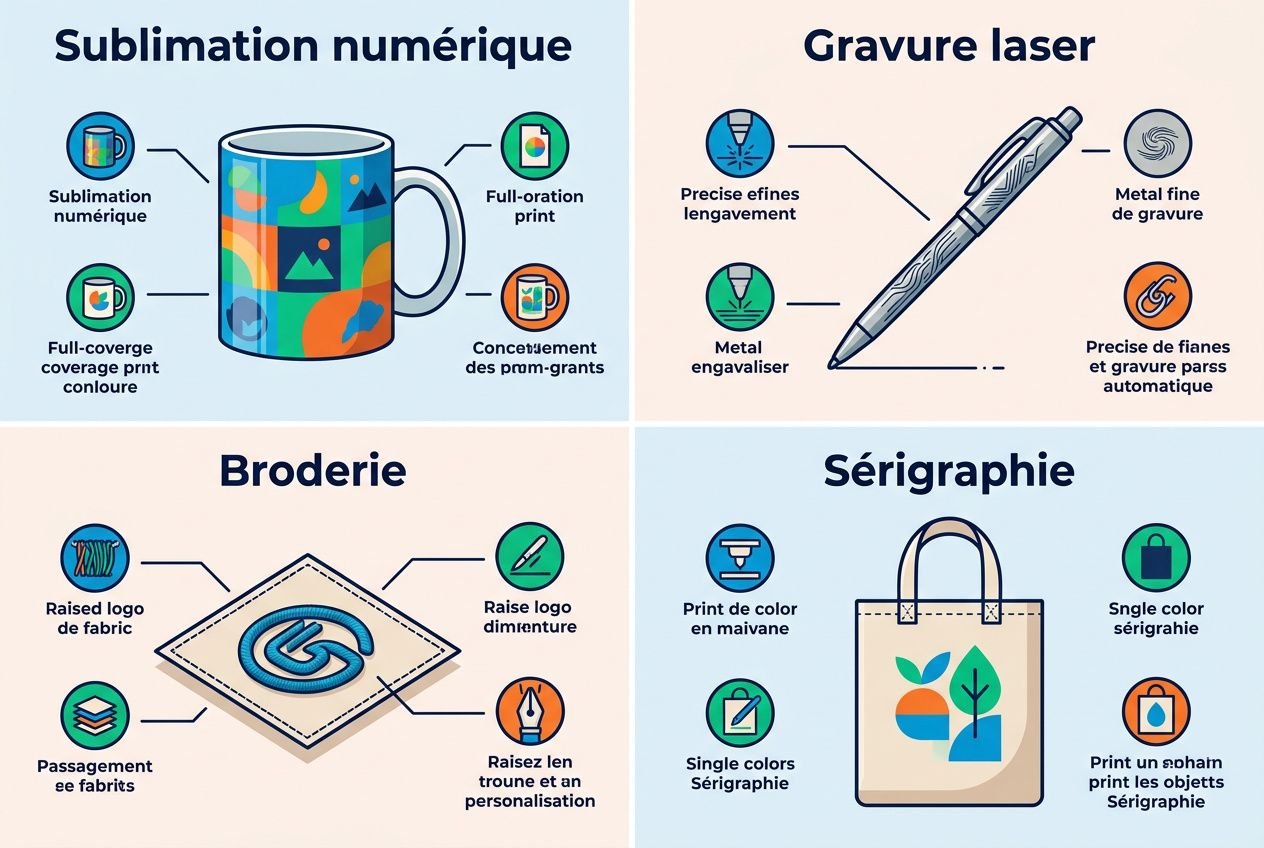 Infographie: étiquettes et options d’impression sur objets publicitaires (sublimation numérique, gravure laser, broderie, sérigraphie) avec exemples: mug, stylo, badge et tote bag. goodieso pas cher petite quantité intégré?