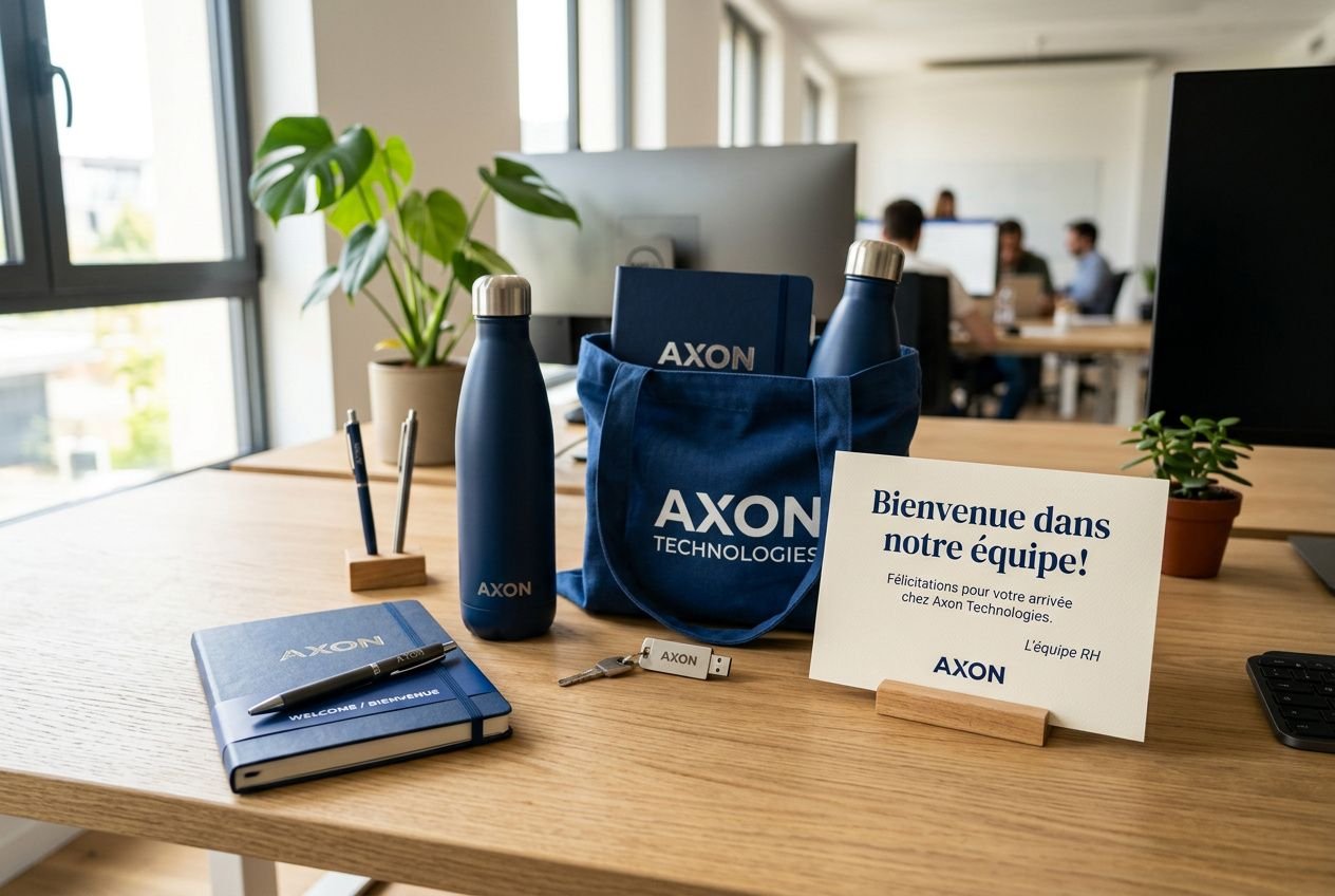 Kit de bienvenue collaborateur: ensemble d’articles Axon Technologies sur un bureau, incl. gourde, sac bleu, carnet et badge, prêt pour l’accueil.
