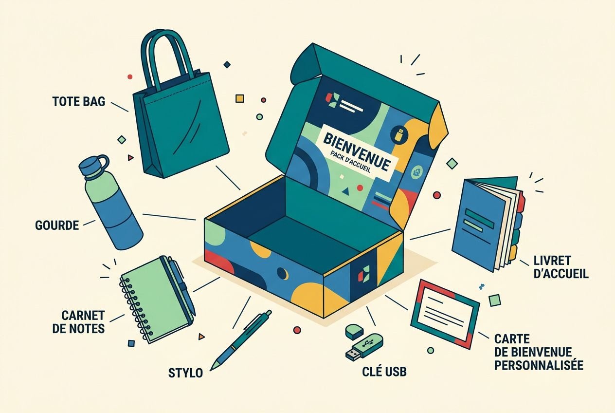 Kit de bienvenue collaborateur: illustration d’un welcome pack avec boîte ouverte et accessoires (stylo, carnet, carte de bienvenue personnalisée, clé USB, livret d’accueil, gourde, tote bag).