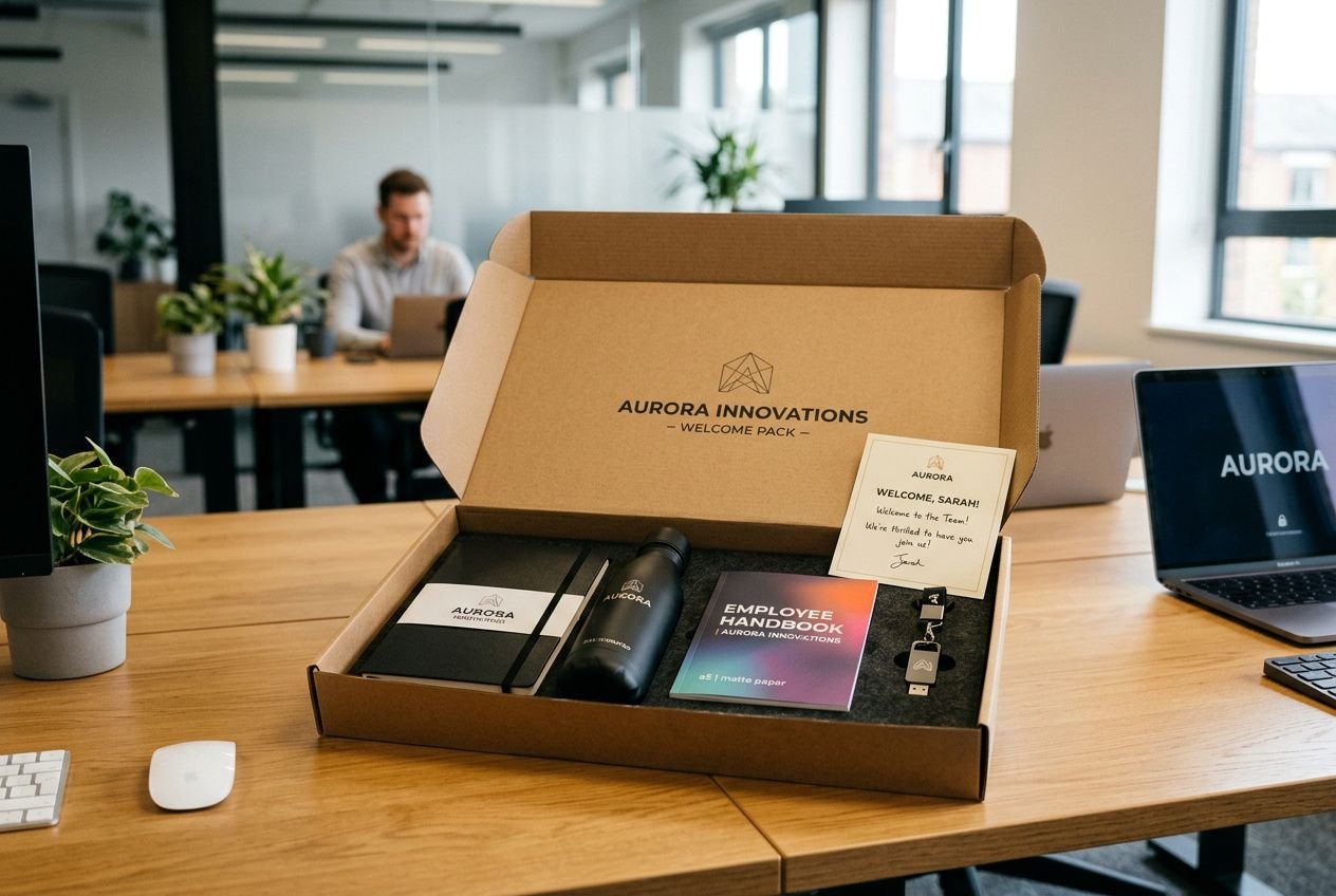 Kit d’intégration entreprise: boîte d’accueil ouverte contenant le welcome pack Aurora Innovations avec carnet, gourde et manuel employé sur un bureau en open space.