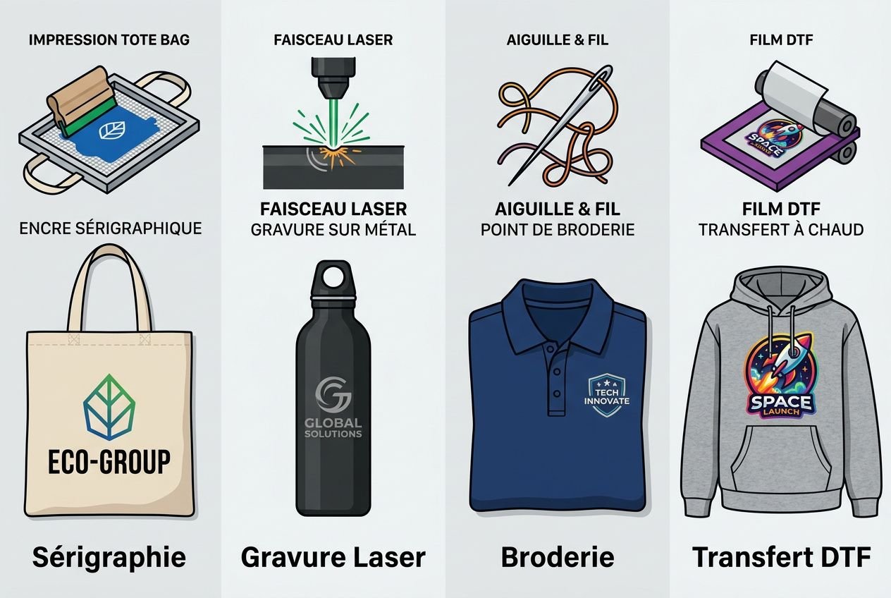 Kit d’intégration entreprise: items du welcome pack affichés (sac personnalisé, polo brodé, sweat hoodie, bouteille réutilisable, impression sérigraphique et gravure laser, transfer DTF, outils et accessoires).