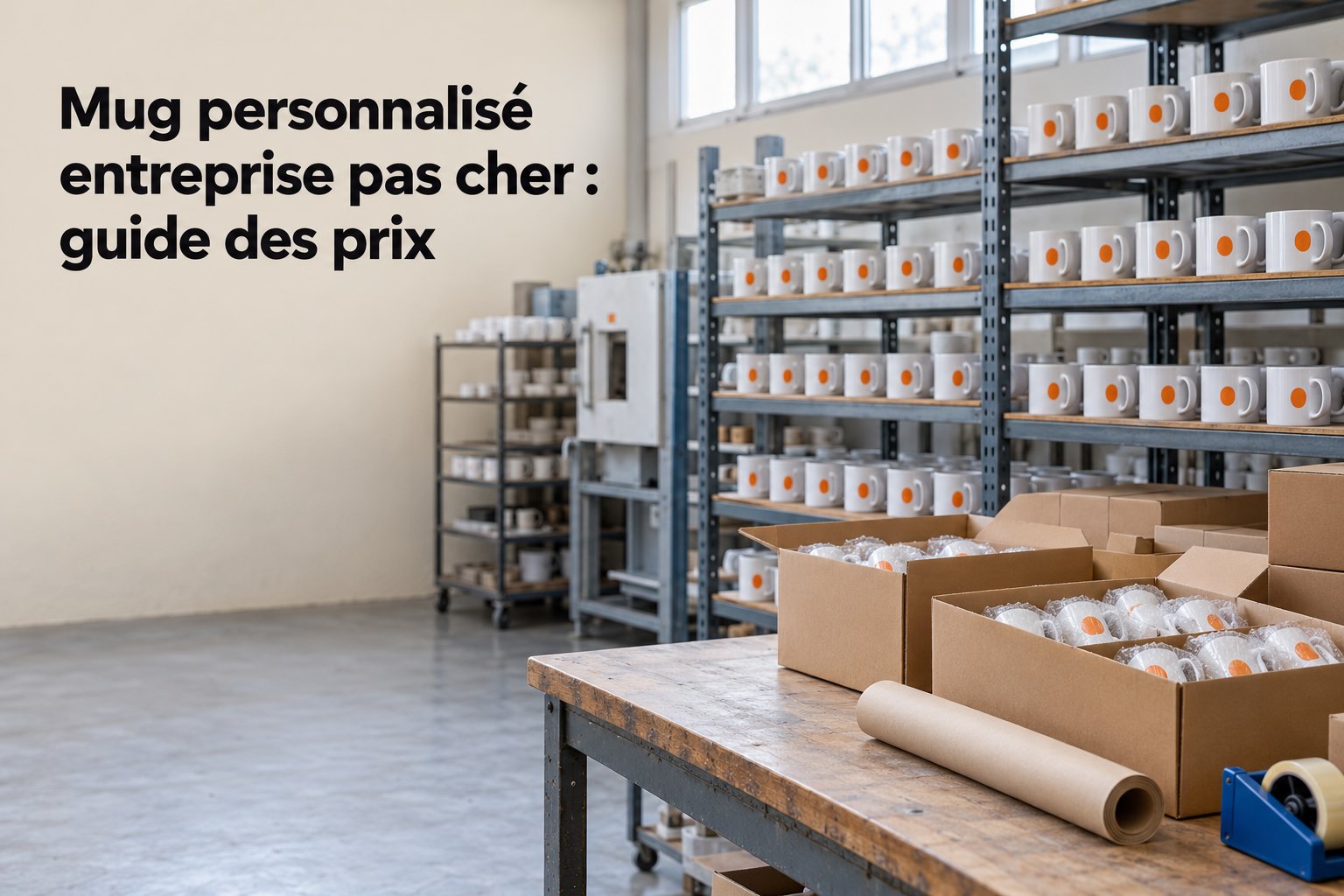 Mugs personnalisés empilés et prêts à être expédiés dans un magasin de stockage industriel.