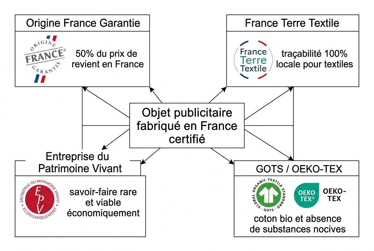 Objet publicitaire fabriqué en France certifié, lié aux labels Origine France Garantie et France Terre Textile, GOTS/OEKO-TEX.