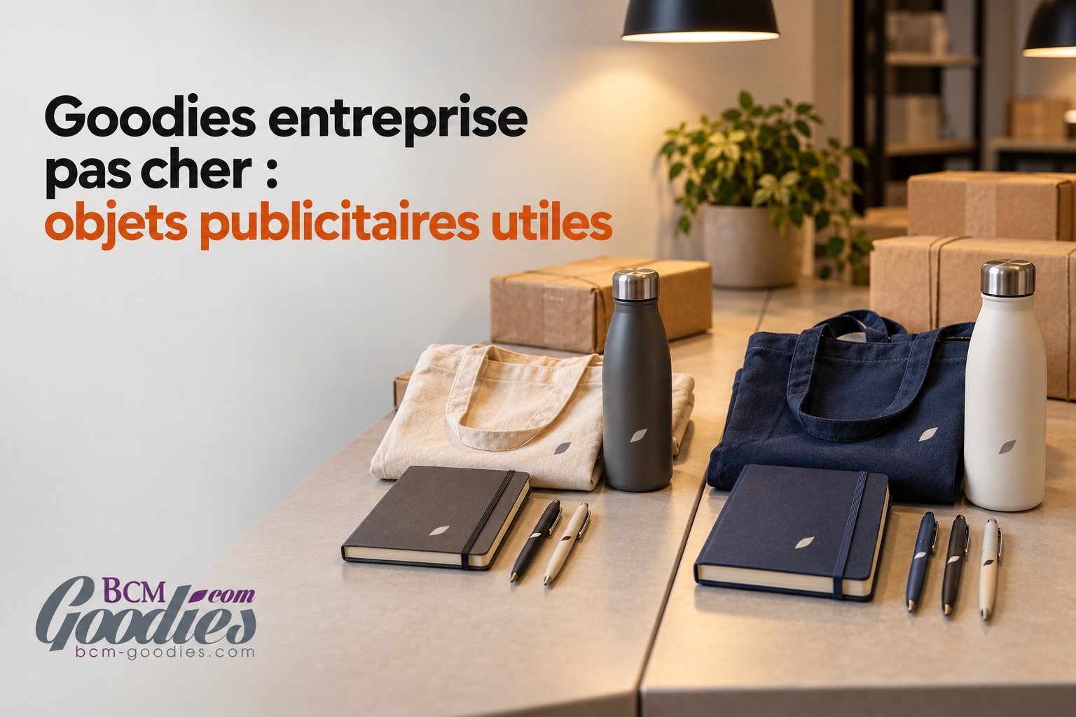 Des objets publicitaires utiles disposés sur une table, avec sacs, bouteilles réutilisables et blocs-notes.