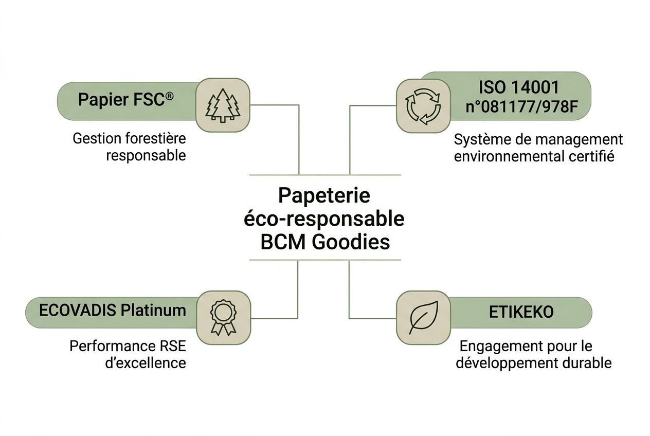 Papeterie éco-responsable BCM Goodies : logos FSC, ISO 14001, ECOVIDAS Platinum et ETIKEKO, symboles et textes de galettes.