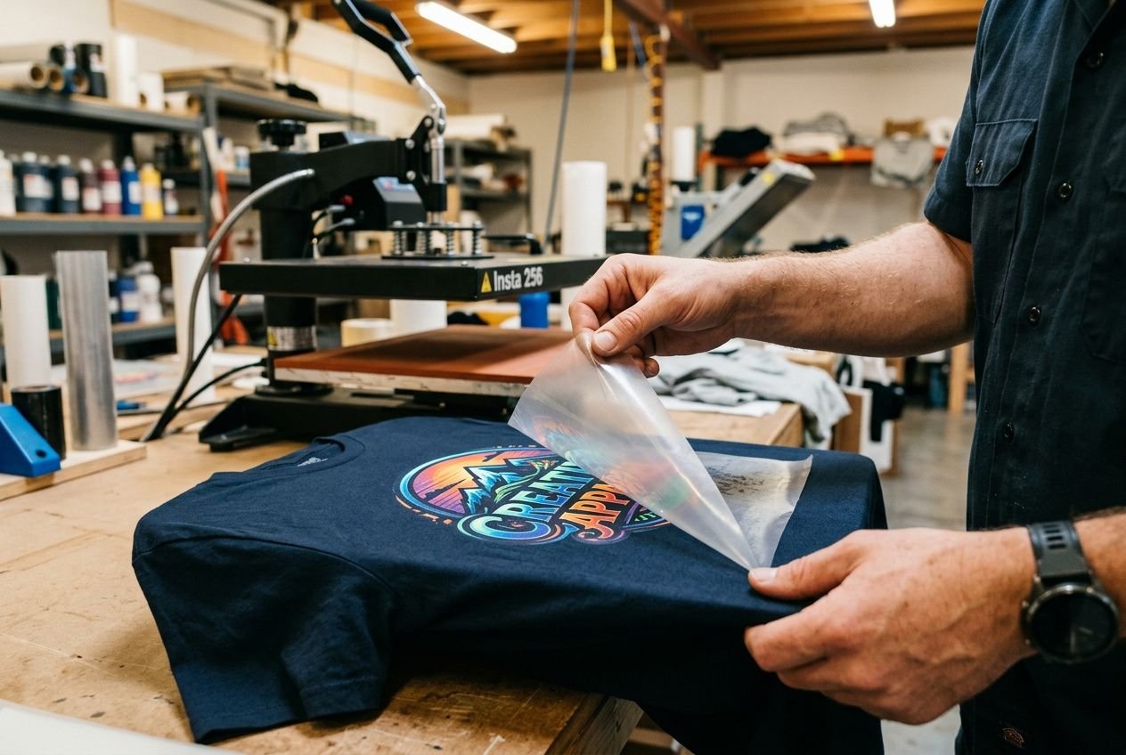 Person qui retire un film de transfert sur un t-shirt sombre lors d’un atelier d’impression textile DTF. intégration du concept “qu'est-ce que la technique de marquage dtf”.