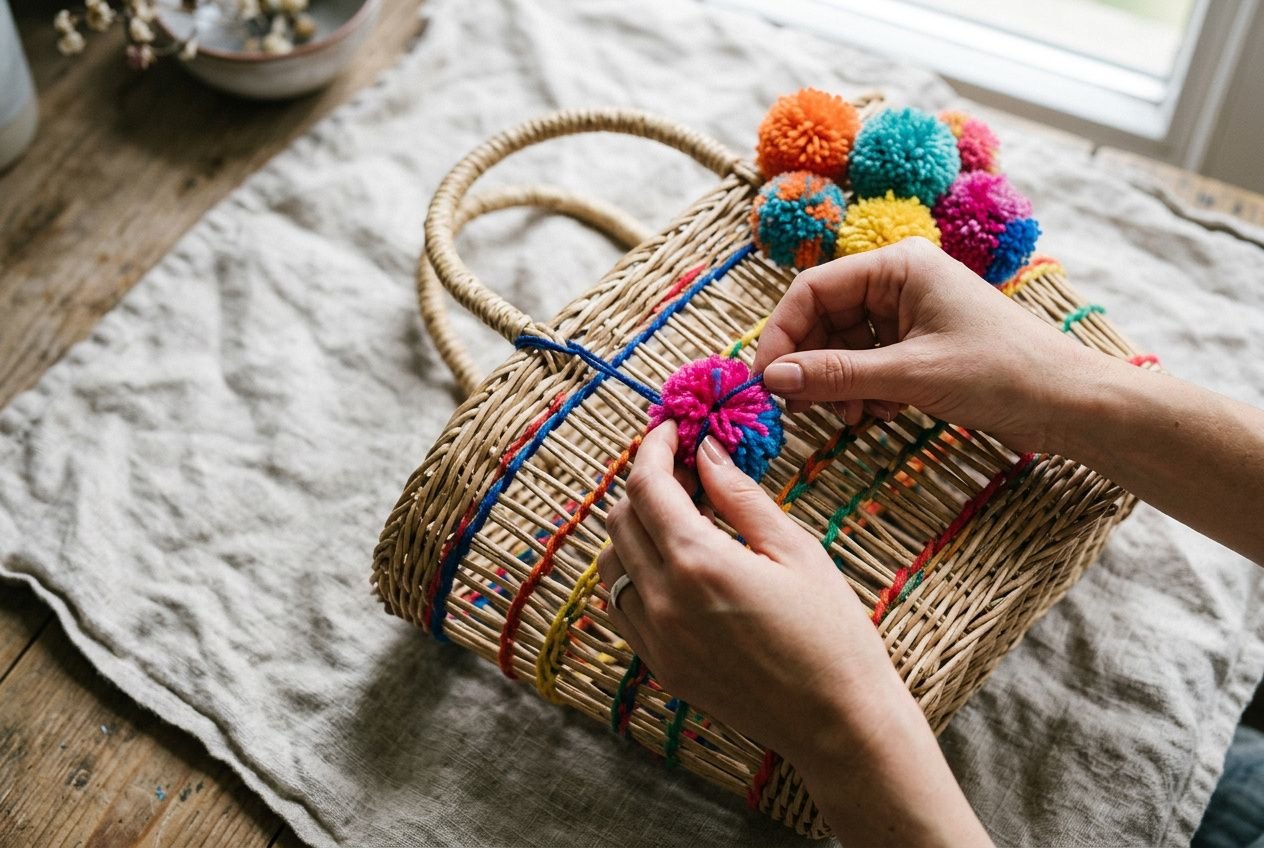 Personne décorant un sac en osier avec des pompons colorés, idée DIY pour personnaliser son sac. (comment customiser un sac)