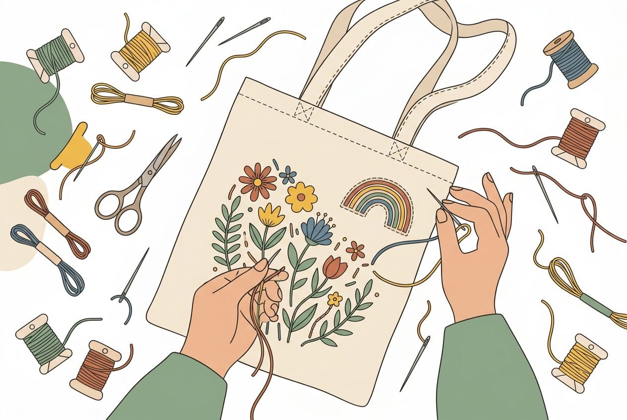 Personne réalisant une broderie sur un sac en toile, entourée d’aiguilles, ciseaux et bobines de fil, tableau d’idées DIY.