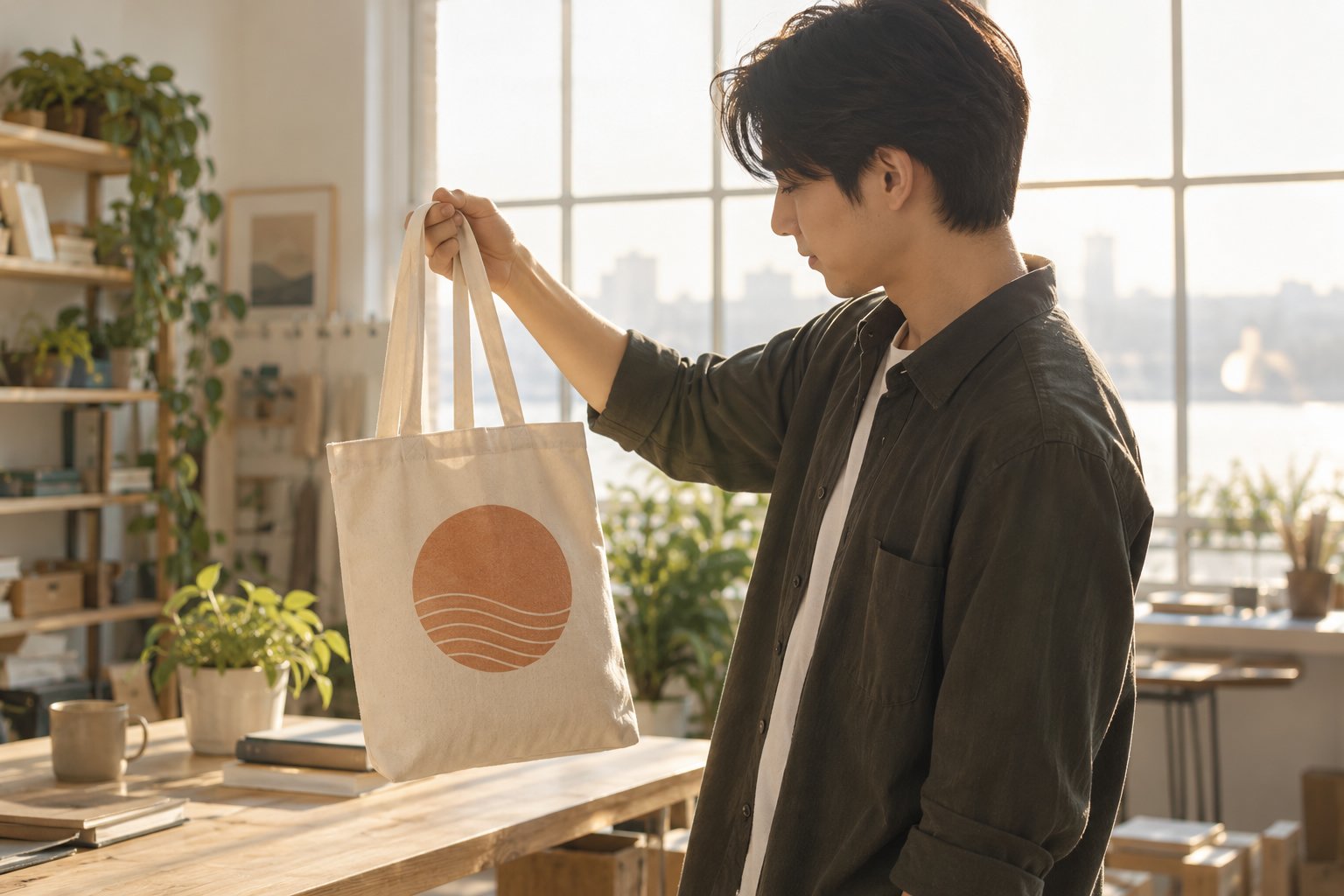 Personne tenant un tote bag en coton clair avec un logo circulaire orange, dans un espace intérieur lumineux et aménagé.