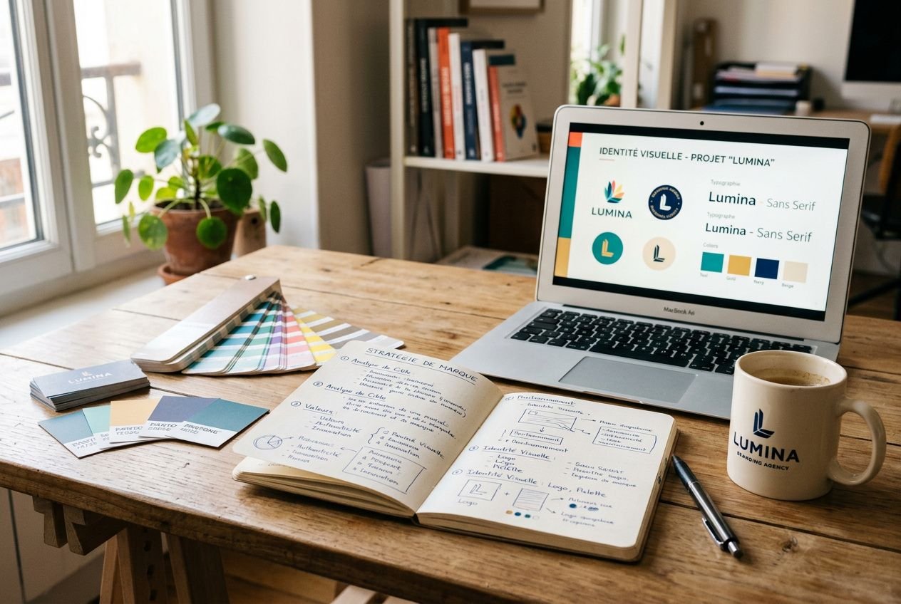 Plan de travail lumineux avec ordinateur affichant une identité visuelle, carnet de notes, échantillons de couleurs et mug Lumina, prêt pour travailler sur l’image de marque.