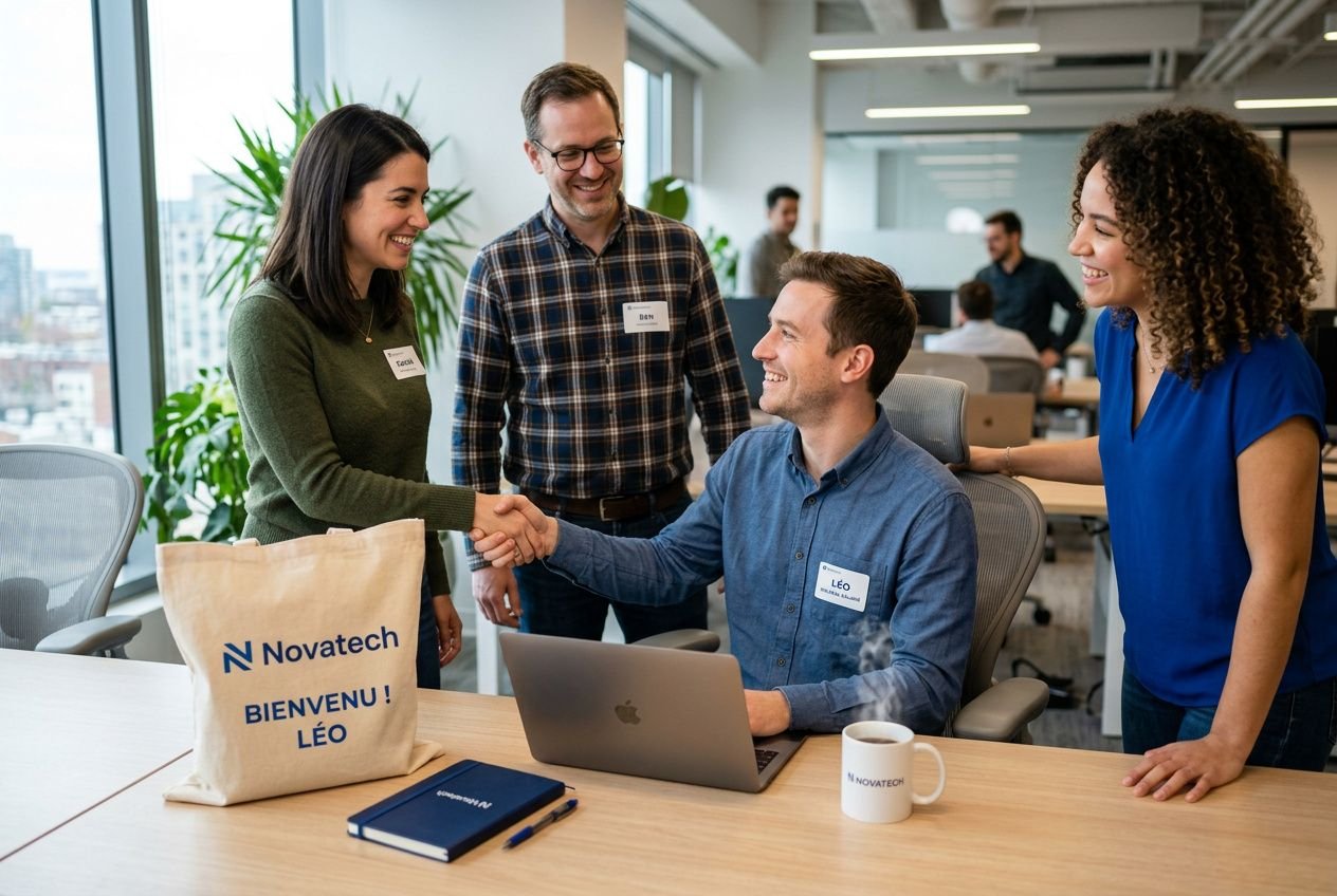 Quatre collègues accueillent chaleureusement un nouveau salarié lors d’un onboarding, avec un échange autour d’un ordinateur portable et un sac d’entreprise sur le bureau.
