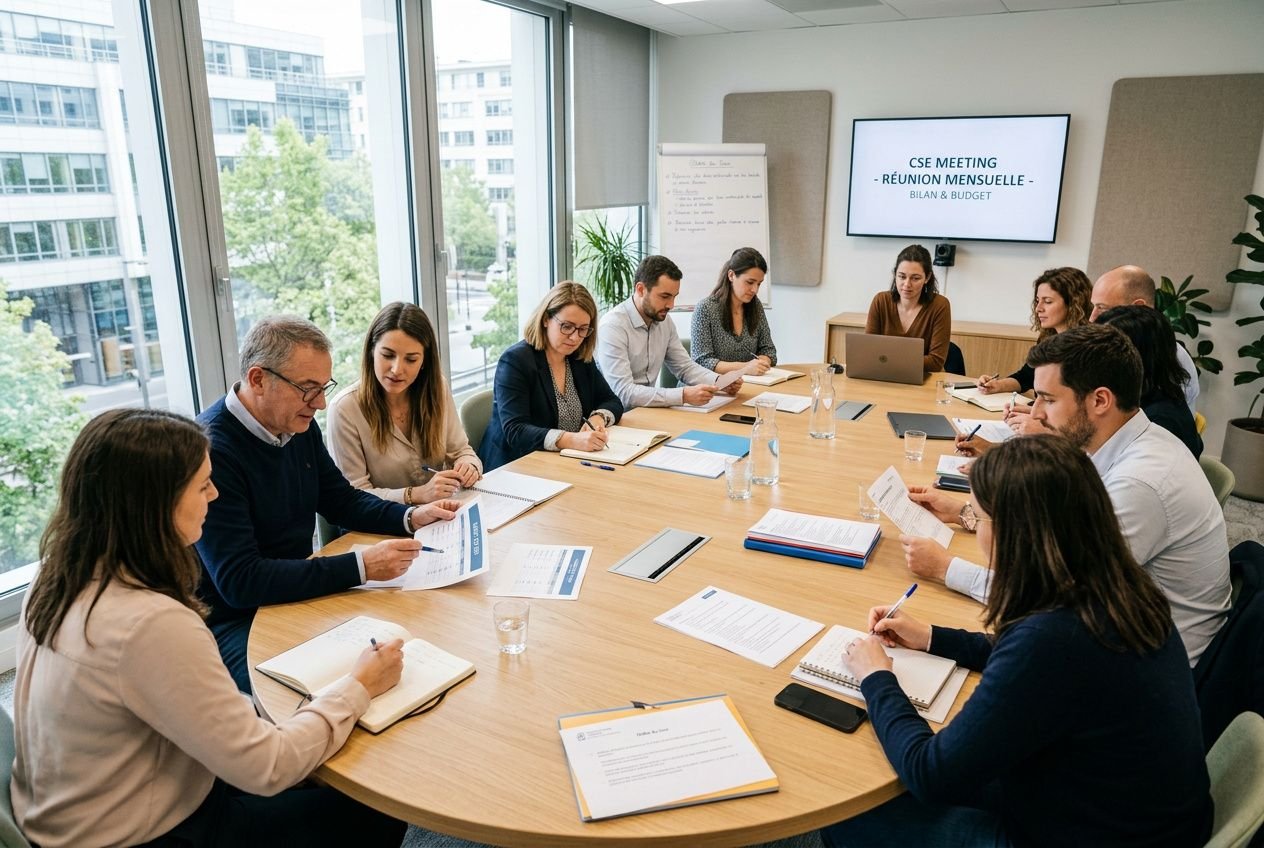 Réunion d’équipe autour d’une table, échanges et documents, présentation sur un écran: “CSE MEETING - RÉUNION MENSUELLE”.